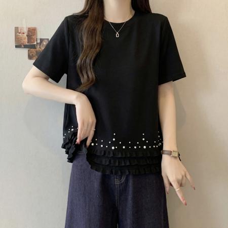 BY13583# 短袖大码T恤女夏季新款韩系设计感珍珠拼接遮肉显瘦大码上衣  服裝批發女裝批發服飾貨源