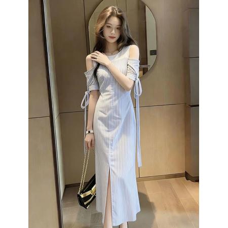 巨好看露肩衬衫连衣裙女夏季少女感蝴蝶结飘带条纹长裙夏新款  服裝批發女裝批發服飾貨源