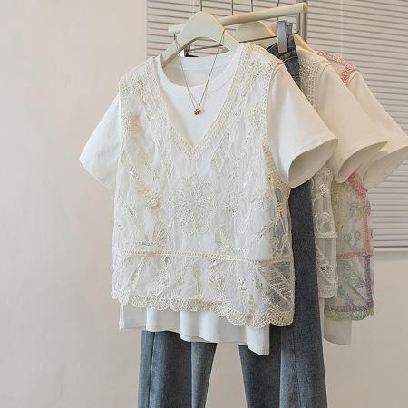 大码女装新款韩版蕾丝镂空高级设计感亮片宽松显瘦T恤马甲  服裝批發女裝批發服飾貨源