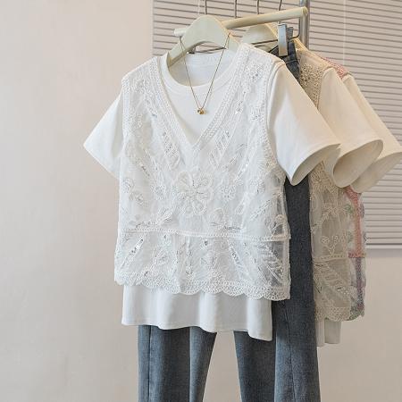 大码女装新款韩版蕾丝镂空高级设计感亮片宽松显瘦T恤马甲  服裝批發女裝批發服飾貨源