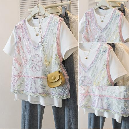 大码女装新款韩版蕾丝镂空高级设计感亮片宽松显瘦T恤马甲  服裝批發女裝批發服飾貨源