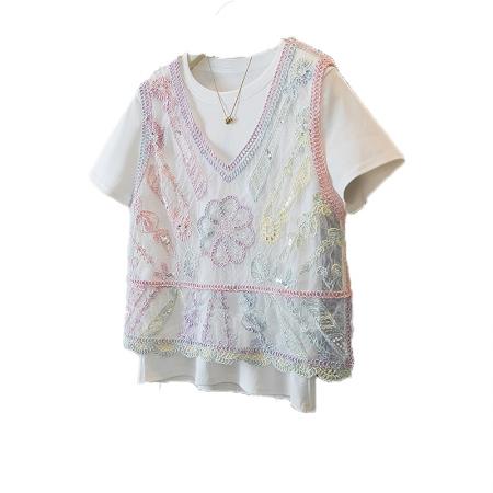 大码女装新款韩版蕾丝镂空高级设计感亮片宽松显瘦T恤马甲  服裝批發女裝批發服飾貨源