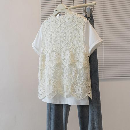 BY13590# 大码女装新款韩版气质镂空小花高级设计宽松显瘦T恤两件套  服裝批發女裝批發服飾貨源