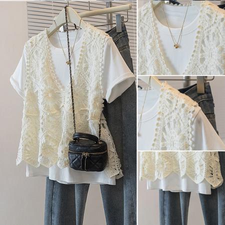 BY13590# 大码女装新款韩版气质镂空小花高级设计宽松显瘦T恤两件套  服裝批發女裝批發服飾貨源
