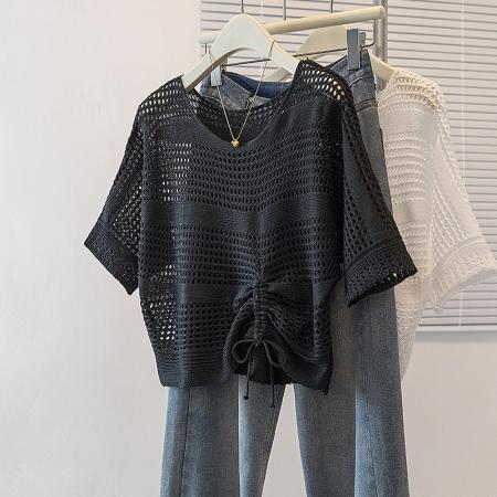 大码女装韩版新款设计小众侧抽绳镂空宽松显瘦休闲百搭上衣  服裝批發女裝批發服飾貨源