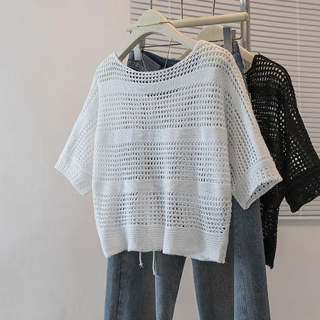 大码女装韩版新款设计小众侧抽绳镂空宽松显瘦休闲百搭上衣  服裝批發女裝批發服飾貨源