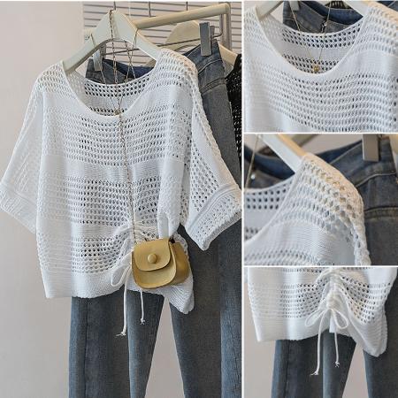 大码女装韩版新款设计小众侧抽绳镂空宽松显瘦休闲百搭上衣  服裝批發女裝批發服飾貨源