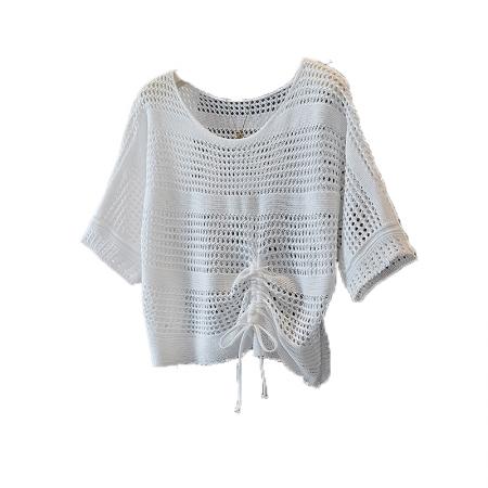 大码女装韩版新款设计小众侧抽绳镂空宽松显瘦休闲百搭上衣  服裝批發女裝批發服飾貨源