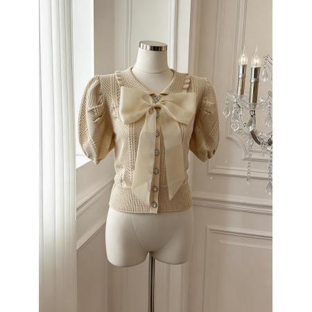 已保护娃娃领冰丝短袖T恤夏季韩版短款蝴蝶结泡泡袖针织衫  服裝批發女裝批發服飾貨源