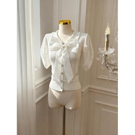 已保护娃娃领冰丝短袖T恤夏季韩版短款蝴蝶结泡泡袖针织衫  服裝批發女裝批發服飾貨源