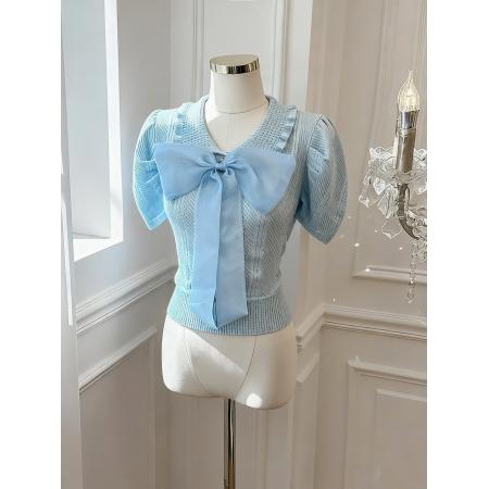 已保护娃娃领冰丝短袖T恤夏季韩版短款蝴蝶结泡泡袖针织衫  服裝批發女裝批發服飾貨源