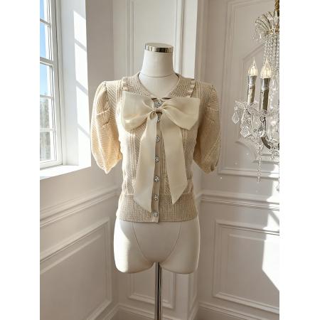 已保护娃娃领冰丝短袖T恤夏季韩版短款蝴蝶结泡泡袖针织衫  服裝批發女裝批發服飾貨源