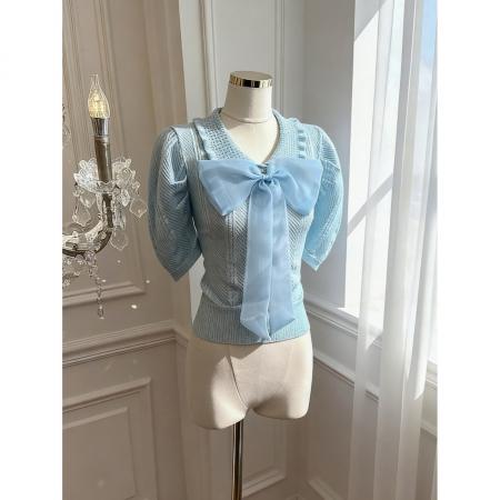 已保护娃娃领冰丝短袖T恤夏季韩版短款蝴蝶结泡泡袖针织衫  服裝批發女裝批發服飾貨源