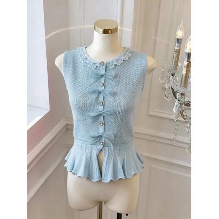 BY13594# 针织背心圆领修身款开衫上衣配搭蝴蝶结小香风百搭款  服裝批發女裝批發服飾貨源