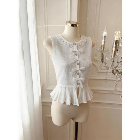 BY13594# 针织背心圆领修身款开衫上衣配搭蝴蝶结小香风百搭款  服裝批發女裝批發服飾貨源