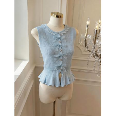 BY13594# 针织背心圆领修身款开衫上衣配搭蝴蝶结小香风百搭款  服裝批發女裝批發服飾貨源