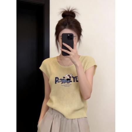 慵懒风宽松针织上衣设计感小众春夏奶黄色卡通印花冰丝短袖t恤女  服裝批發女裝批發服飾貨源