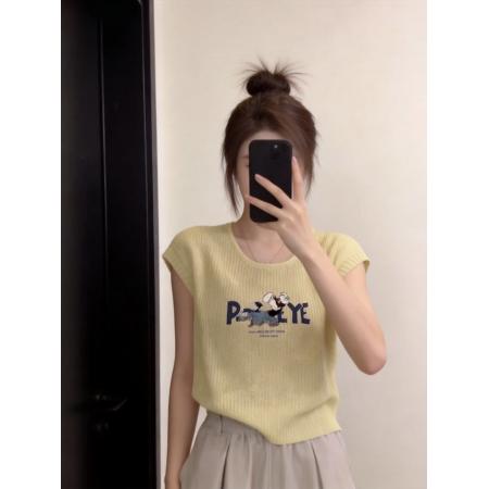 慵懒风宽松针织上衣设计感小众春夏奶黄色卡通印花冰丝短袖t恤女  服裝批發女裝批發服飾貨源