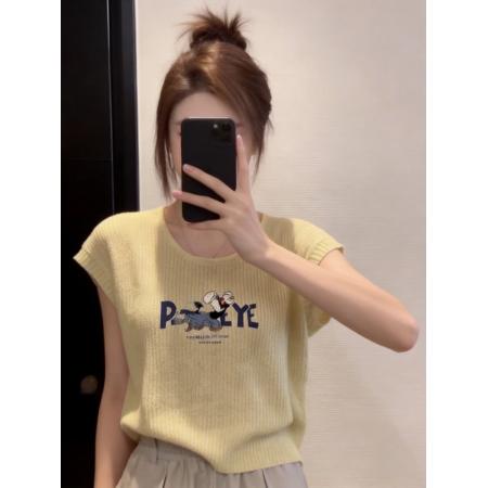 慵懒风宽松针织上衣设计感小众春夏奶黄色卡通印花冰丝短袖t恤女  服裝批發女裝批發服飾貨源