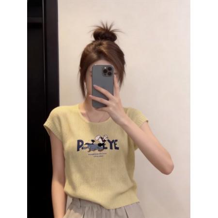 慵懒风宽松针织上衣设计感小众春夏奶黄色卡通印花冰丝短袖t恤女  服裝批發女裝批發服飾貨源