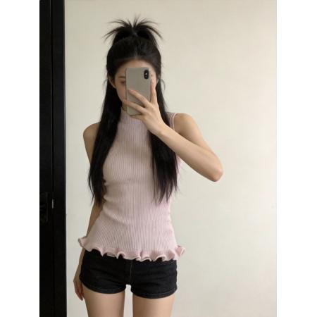 纯欲半高领花边吊带背心女春季新款独特修身显瘦百搭无袖上衣  服裝批發女裝批發服飾貨源