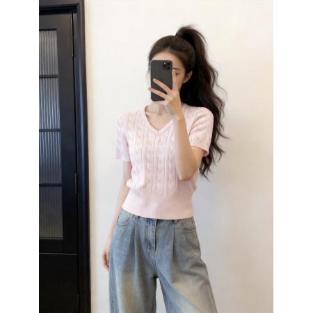 韩系穿搭小个子短袖针织衫女新款夏季超好看独特漂亮上衣  服裝批發女裝批發服飾貨源