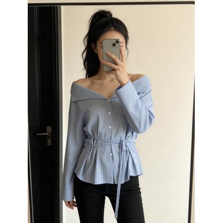 韩系蓝色长袖一字肩条纹衬衫女夏高级感独特绑带衬衣法式气质上衣  服裝批發女裝批發服飾貨源