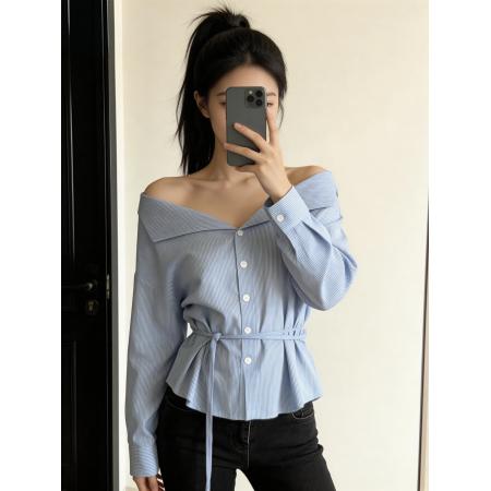 韩系蓝色长袖一字肩条纹衬衫女夏高级感独特绑带衬衣法式气质上衣  服裝批發女裝批發服飾貨源