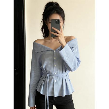 韩系蓝色长袖一字肩条纹衬衫女夏高级感独特绑带衬衣法式气质上衣  服裝批發女裝批發服飾貨源