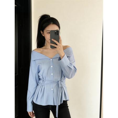 韩系蓝色长袖一字肩条纹衬衫女夏高级感独特绑带衬衣法式气质上衣  服裝批發女裝批發服飾貨源