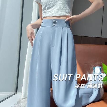 窄版西装裤女夏季新款双排扣高腰休闲直筒裤冰丝垂坠感阔腿裤  服裝批發女裝批發服飾貨源