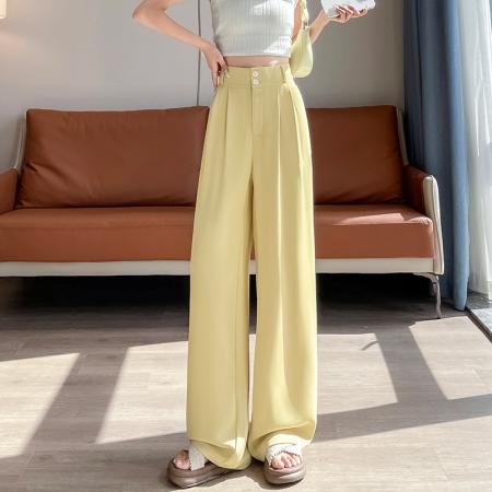 窄版西装裤女夏季新款双排扣高腰休闲直筒裤冰丝垂坠感阔腿裤  服裝批發女裝批發服飾貨源