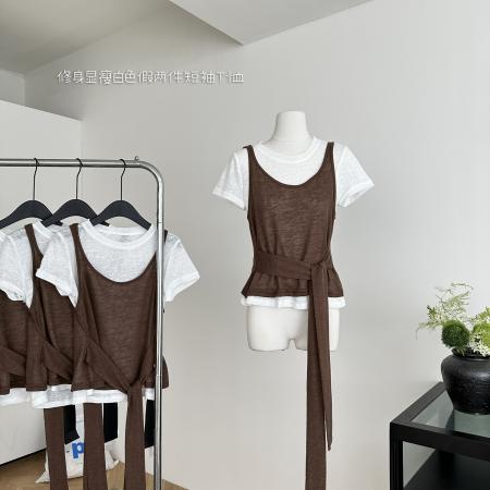 BY13607# MUNNSSS法式设计师款气质上衣夏季修身显瘦白色假两件短袖T恤  服裝批發女裝批發服飾貨源