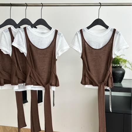 BY13607# MUNNSSS法式设计师款气质上衣夏季修身显瘦白色假两件短袖T恤  服裝批發女裝批發服飾貨源