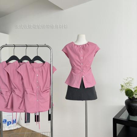 芥末派VOOE法式收腰褶皱绑带修身衬衫女夏季新款显瘦通勤上衣  服裝批發女裝批發服飾貨源