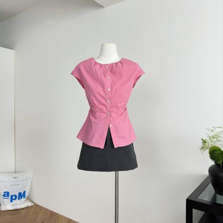 芥末派VOOE法式收腰褶皱绑带修身衬衫女夏季新款显瘦通勤上衣  服裝批發女裝批發服飾貨源