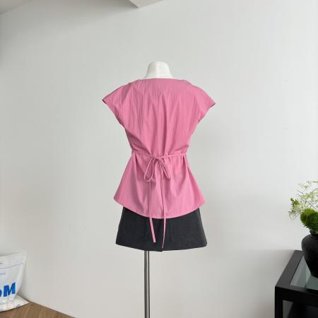 芥末派VOOE法式收腰褶皱绑带修身衬衫女夏季新款显瘦通勤上衣  服裝批發女裝批發服飾貨源