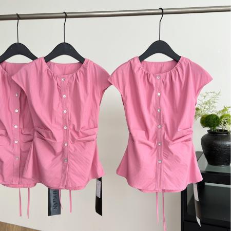 芥末派VOOE法式收腰褶皱绑带修身衬衫女夏季新款显瘦通勤上衣  服裝批發女裝批發服飾貨源