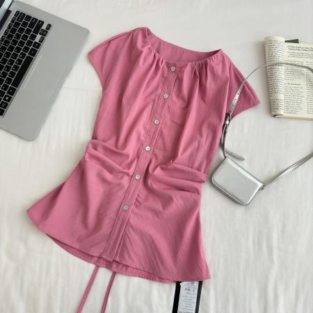 芥末派VOOE法式收腰褶皱绑带修身衬衫女夏季新款显瘦通勤上衣  服裝批發女裝批發服飾貨源