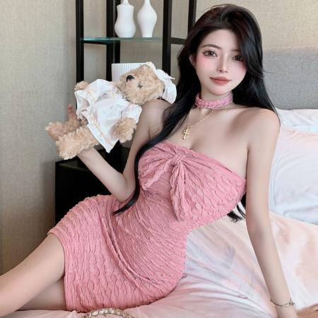 BY13610# 出大货挂脖少女抹胸连衣裙小个子法式气质收腰显瘦短款包臀裙  服裝批發女裝批發服飾貨源