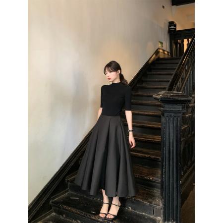 法式赫本风半高领五分钟针织衫+高腰A字大摆伞裙套装  服裝批發女裝批發服飾貨源