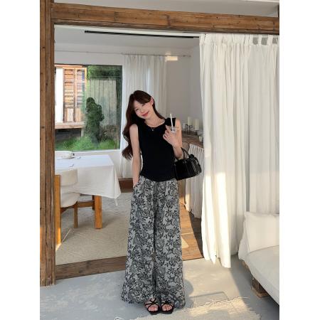 纯欲设计感露腰系带蝴蝶结背心+提花垂感阔腿裤  服裝批發女裝批發服飾貨源