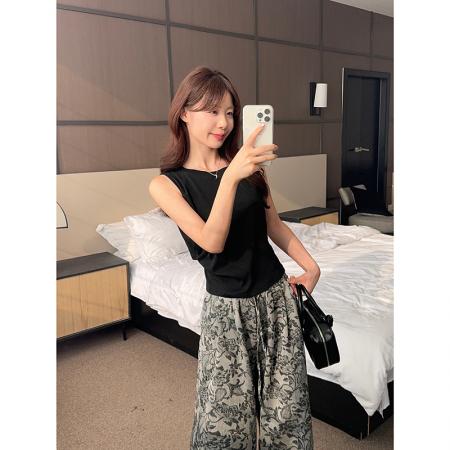 纯欲设计感露腰系带蝴蝶结背心+提花垂感阔腿裤  服裝批發女裝批發服飾貨源