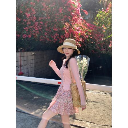 温柔度假风木耳边修身上衣+A字碎花半身裙两件套装  服裝批發女裝批發服飾貨源