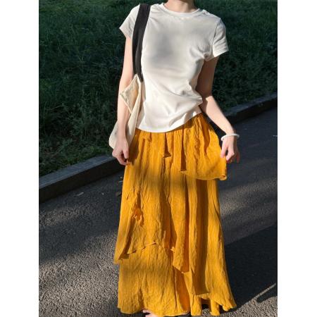 纯欲通勤修身短袖上衣+不规则荷叶边A字蛋糕裙  服裝批發女裝批發服飾貨源