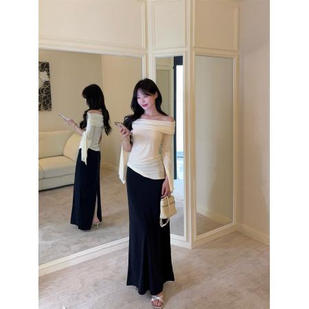 纯欲辣妹设计感一字肩修身上衣+纸片人缎面鱼尾半身裙  服裝批發女裝批發服飾貨源