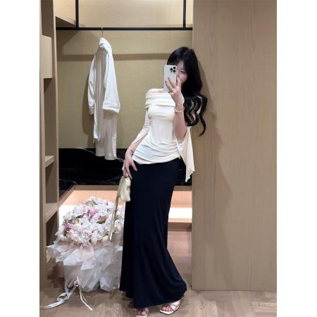 纯欲辣妹设计感一字肩修身上衣+纸片人缎面鱼尾半身裙  服裝批發女裝批發服飾貨源