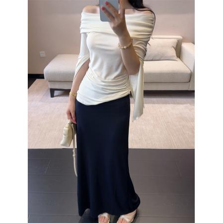 纯欲辣妹设计感一字肩修身上衣+纸片人缎面鱼尾半身裙  服裝批發女裝批發服飾貨源