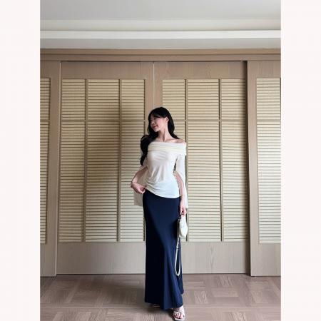 纯欲辣妹设计感一字肩修身上衣+纸片人缎面鱼尾半身裙  服裝批發女裝批發服飾貨源