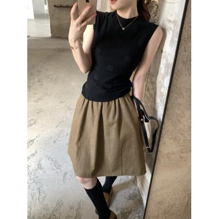 通勤百搭无袖针织背心+卡其色A字半身裙两件套装  服裝批發女裝批發服飾貨源